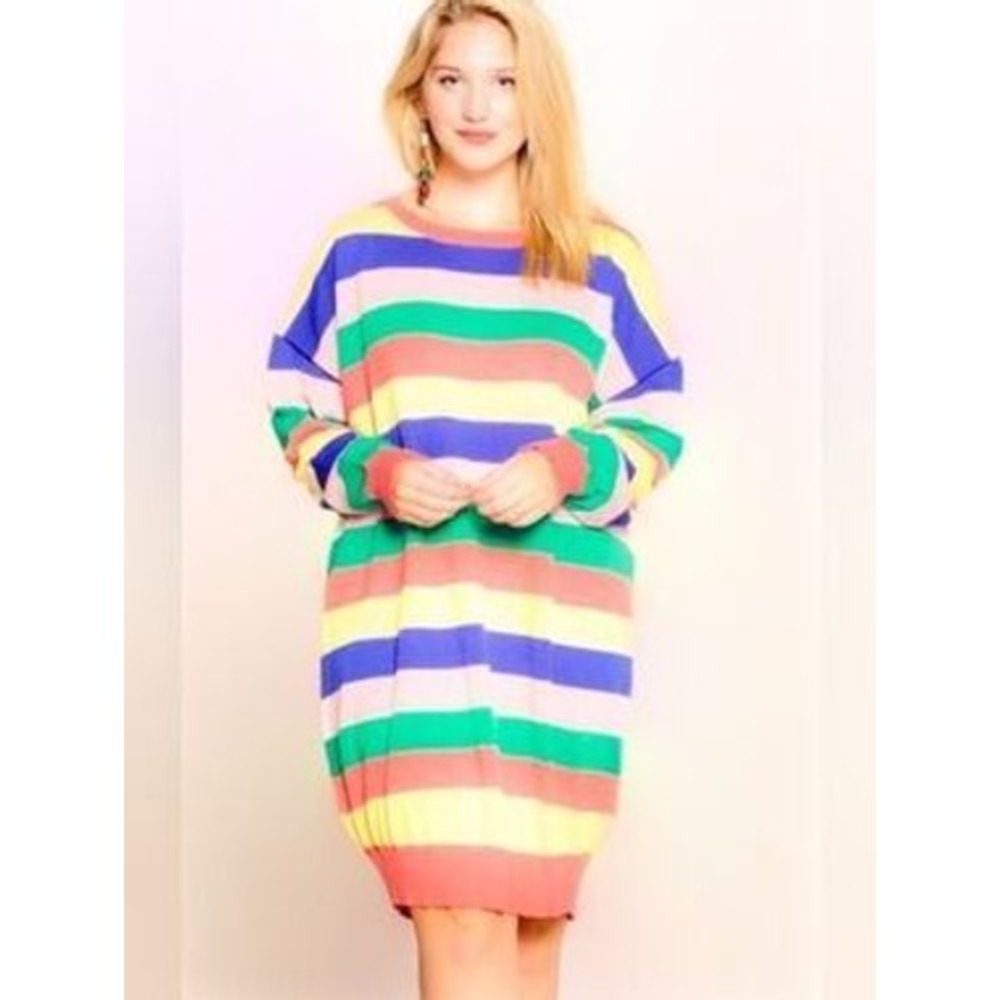 Oddy MultiColor Striped Knit Sweater Dress ID12948P Pink Yellow Blue 1XL 2XL NWT